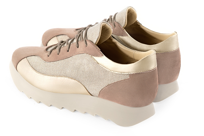 Powder pink and gold women's two-tone elegant sneakers. Round toe. Low rubber soles. Rear view - Florence KOOIJMAN